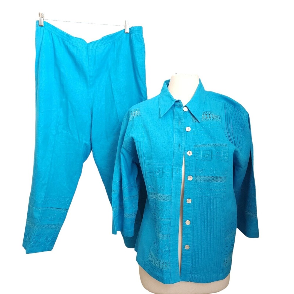 Stonebridge Women's Large Petite 2 Piece‎ Pants & Blouse Set Linen Embroidered